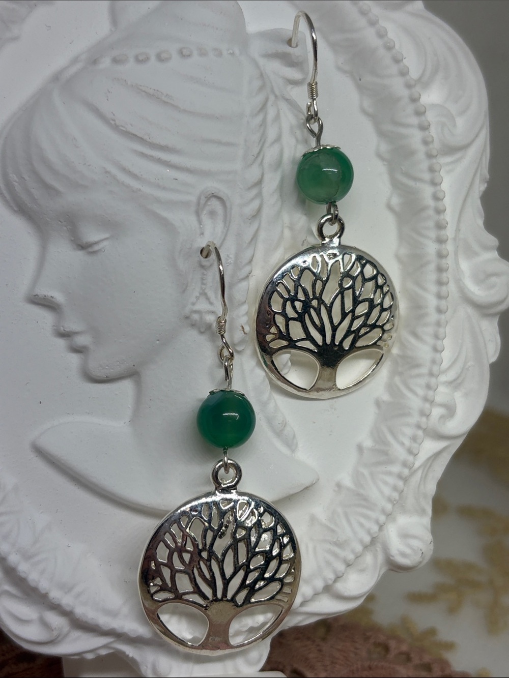 Handmade 925 Sterling Silver Tree of Life Green Agate Dangle Earrings Artisan - Picture 2 of 6